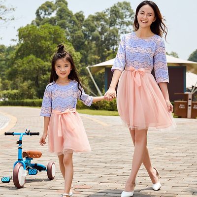 恬贝儿 亲子装秋装母女装连衣裙2017新款潮韩版中袖修身亲子礼服